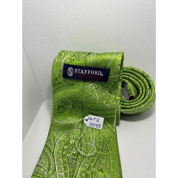 Stafford Performance Mens Silk Tie Green Paisley Woven Handmade Classic Necktie - Picture 7 of 7